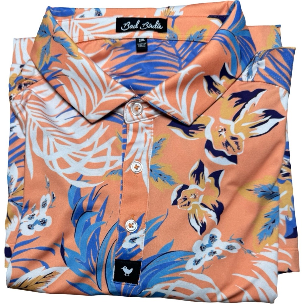 Bad Birdie Golf Polo Mens 2XL Orange Blue Tropical Floral Good Performance Shirt